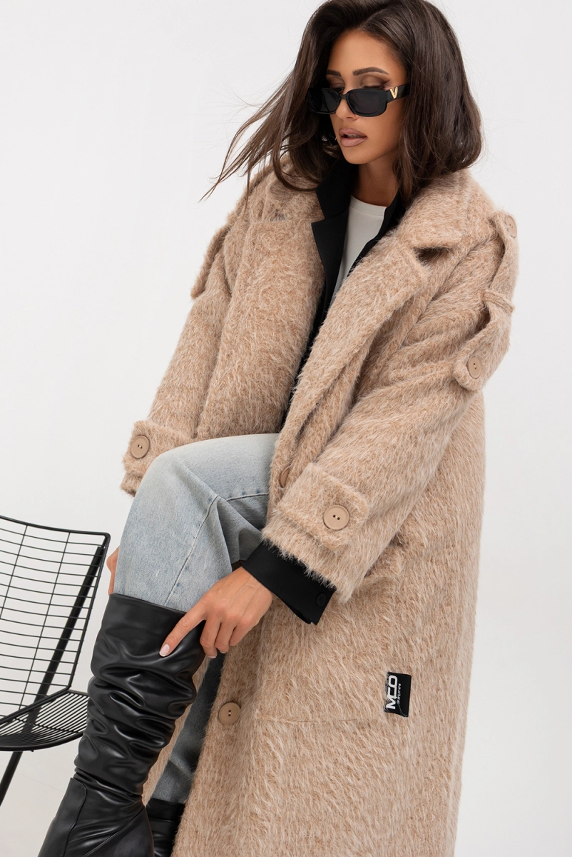 Płaszcz oversize Long Faux Fur Miss City Official beżowy