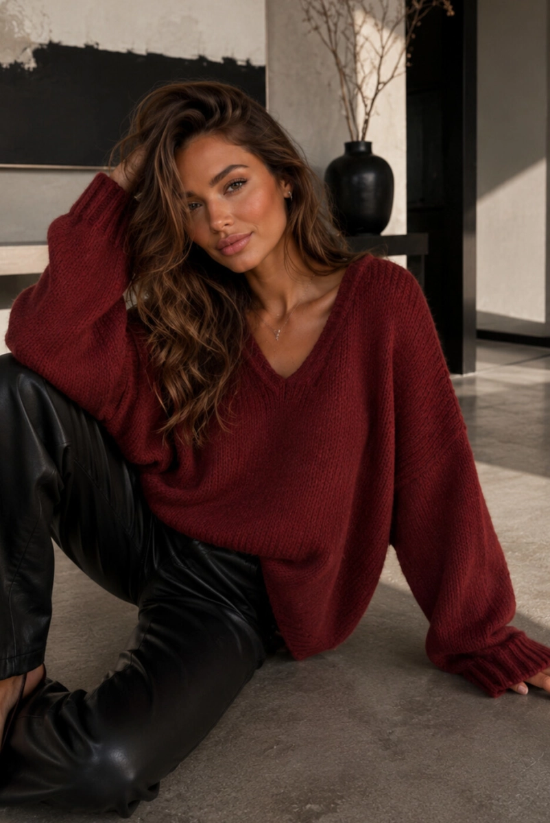 Sweter z alpaka z dekoltem Short Yarn bordowy