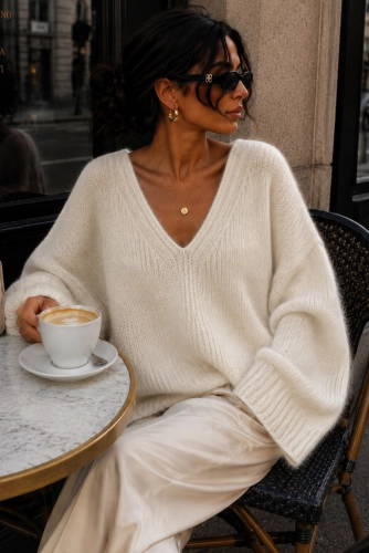 Sweter z alpaka z dekoltem Yarn ecru
