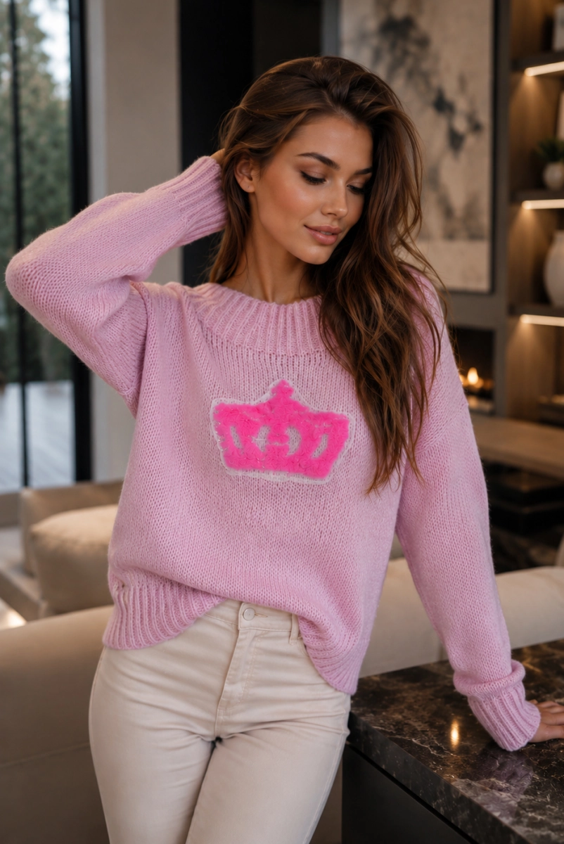 Sweter z cekinową koroną Crown Minouu różowy
