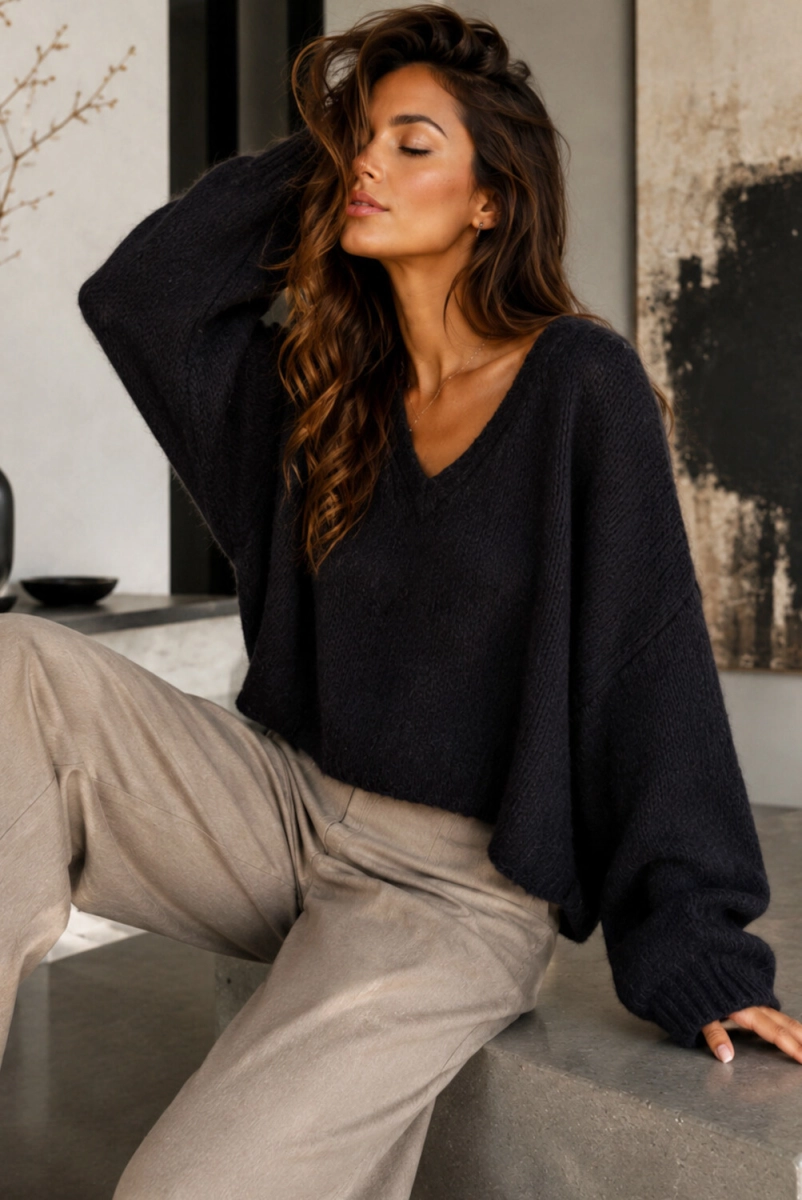 Sweter alpaka z dekoltem Short Yarn czarny
