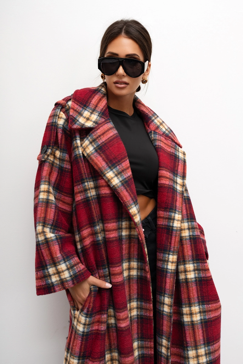 Płaszcz w kratę Cozy Plaid Longline Miss City Official bordowy
