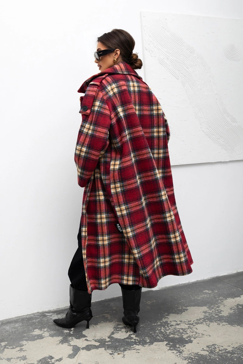 Płaszcz w kratę Cozy Plaid Longline Miss City Official bordowy