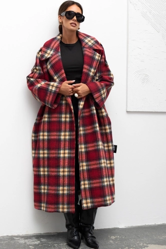 Płaszcz w kratę Cozy Plaid Longline Miss City Official bordowy