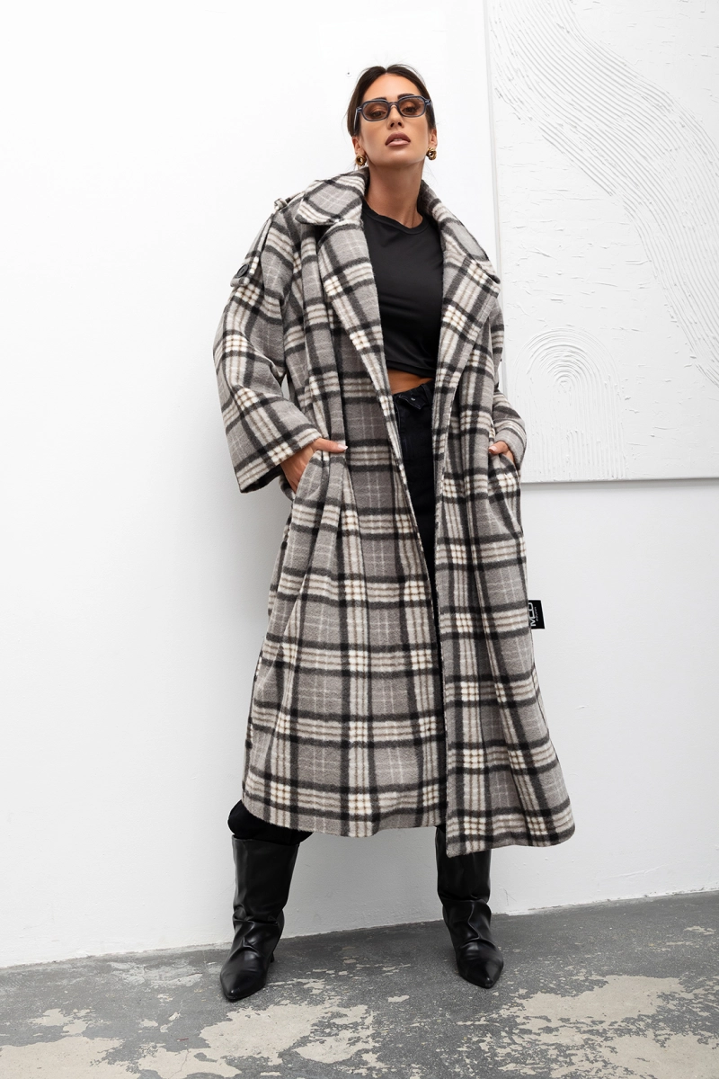 Płaszcz w kratę Cozy Plaid Longline Miss City Official szary