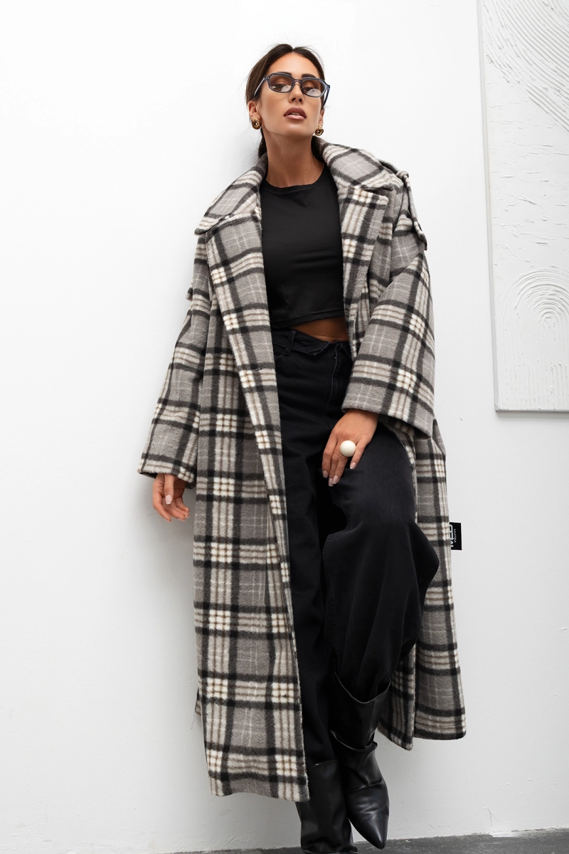 Płaszcz w kratę Cozy Plaid Longline Miss City Official szary