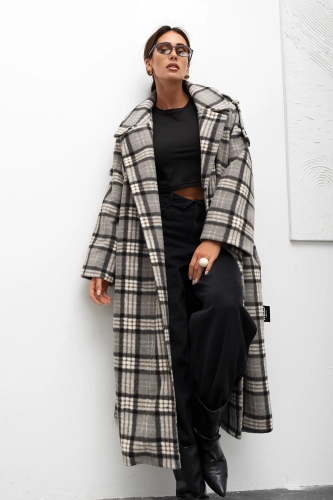 Płaszcz w kratę Cozy Plaid Longline Miss City Official szary