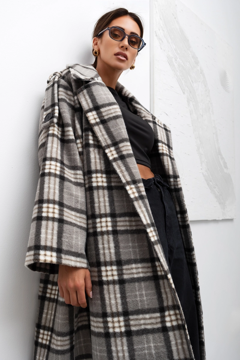 Płaszcz w kratę Cozy Plaid Longline Miss City Official szary