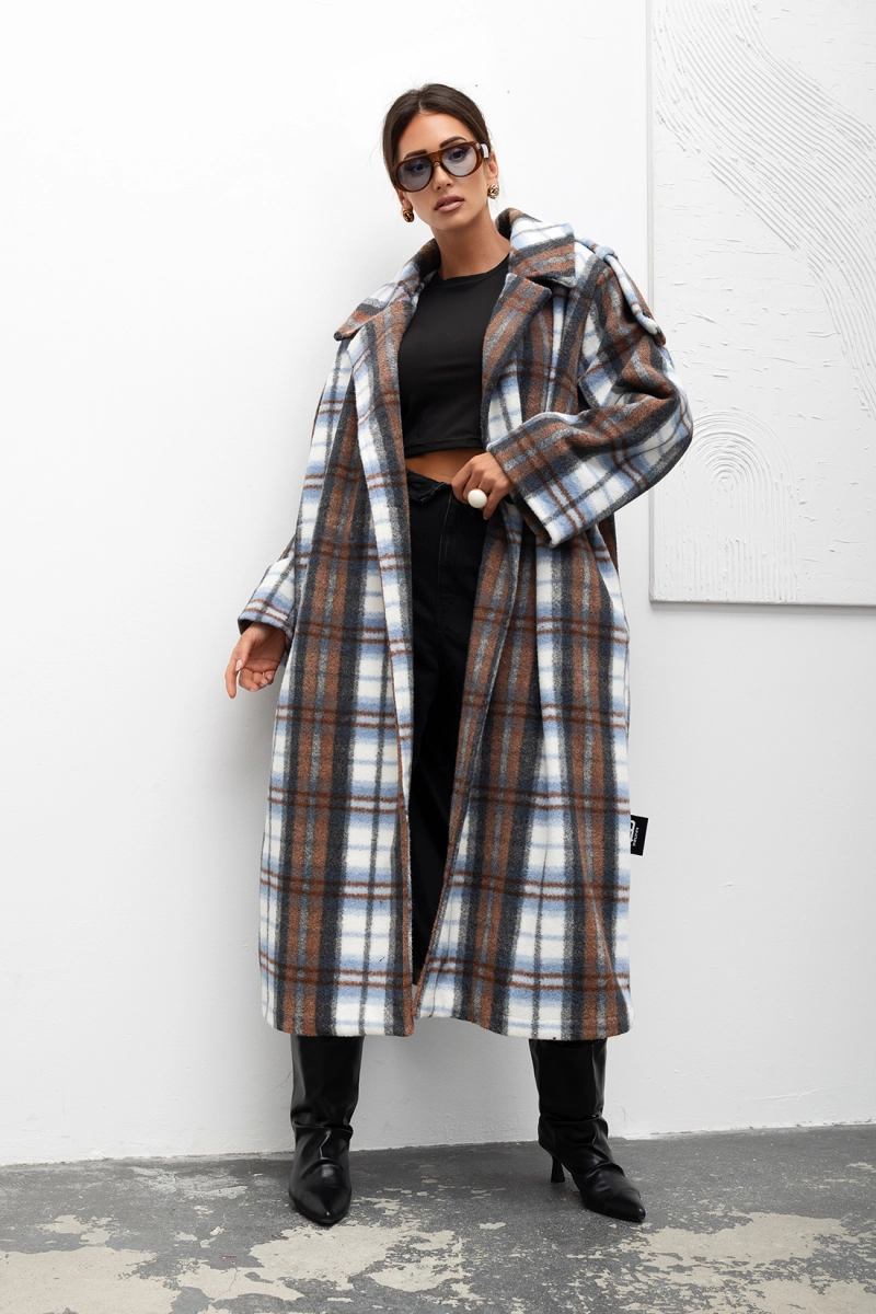 Płaszcz w kratę Cozy Plaid Longline Miss City Official brązowy