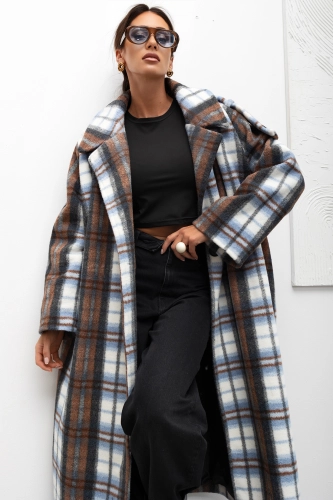 Płaszcz w kratę Cozy Plaid Longline Miss City Official brązowy
