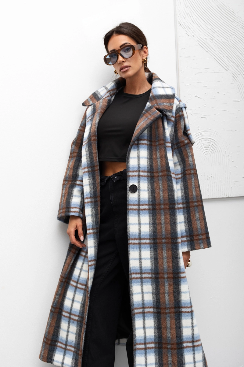 Płaszcz w kratę Cozy Plaid Longline Miss City Official brązowy