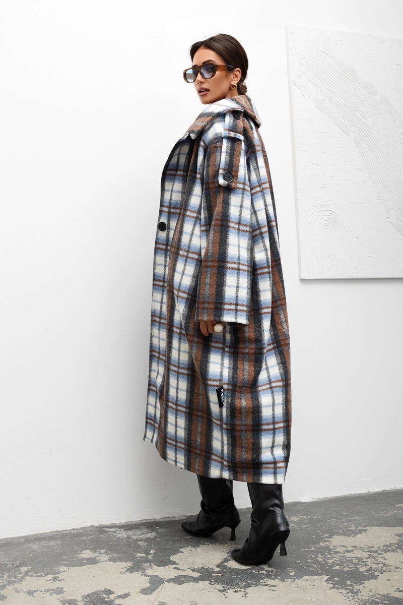 Płaszcz w kratę Cozy Plaid Longline Miss City Official brązowy