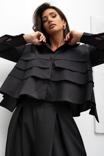 Bluzka koszula Tiered Ruffle Crop Miss City Official czarna