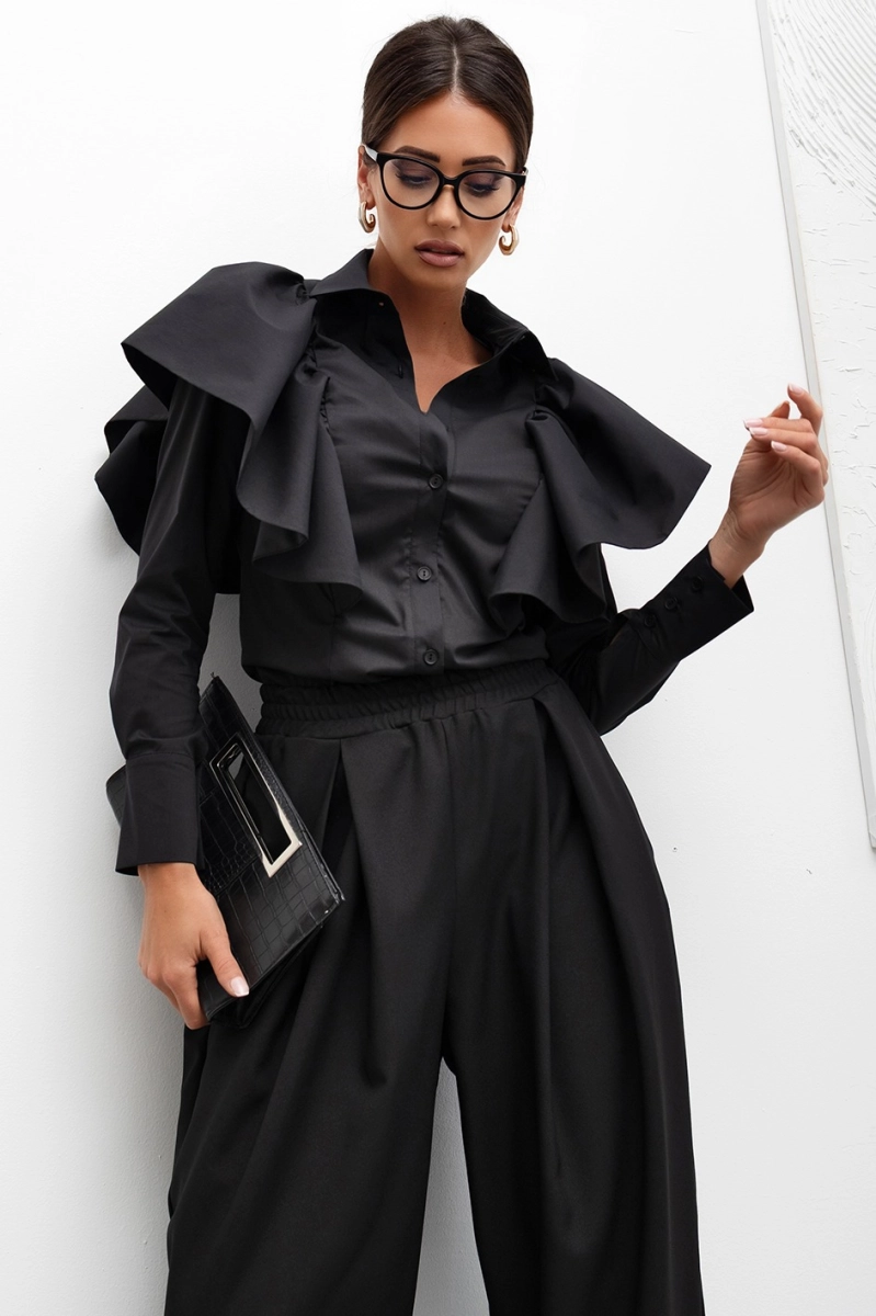 Koszula Statement Ruffle z falbanką na rękawach Miss City Official czarna