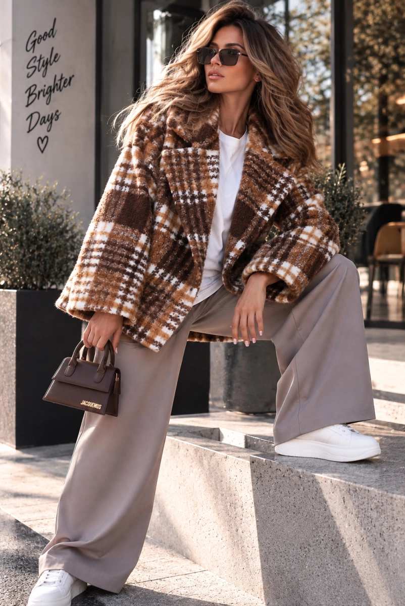 Krótki płaszcz wełniany Unwritten Miss City Official w kratkę brązowy