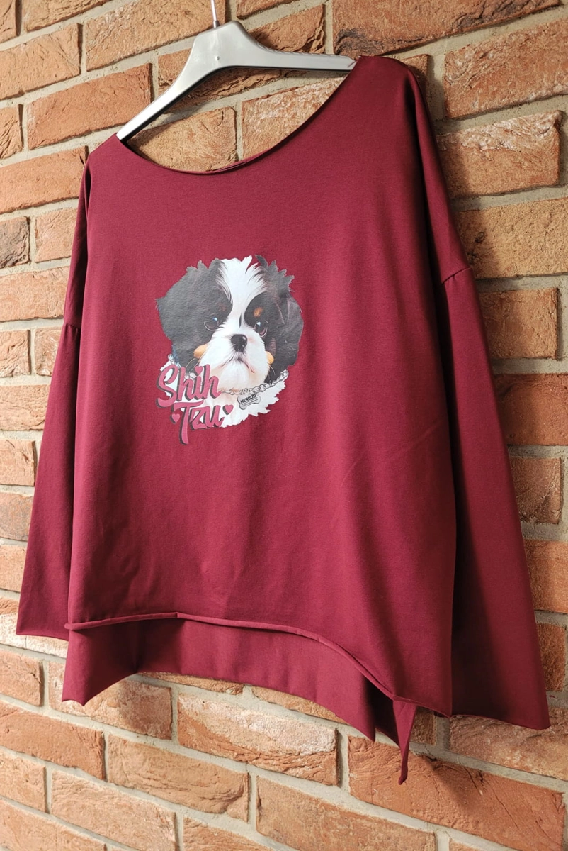 Bluzka bawełniana Agnes z długim rękawem Shih tzu Minouu bordowa w Selavifashion.pl