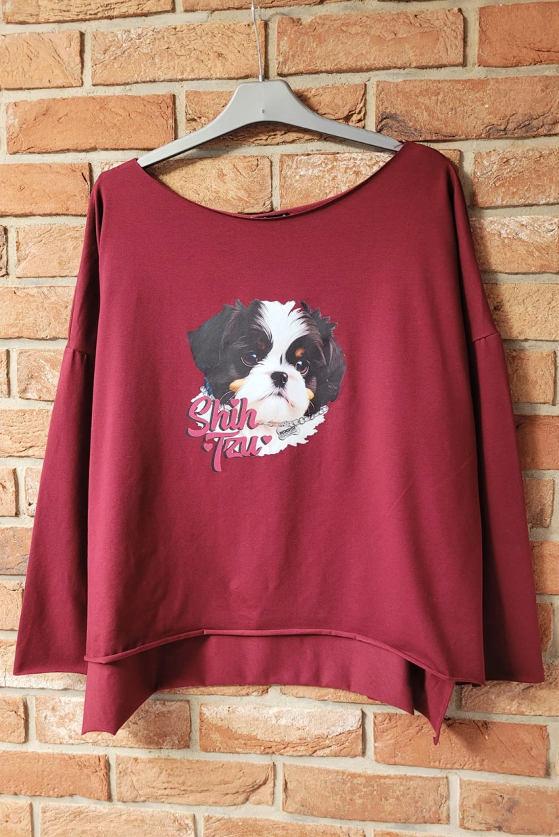 Bluzka bawełniana Agnes z długim rękawem Shih tzu Minouu bordowa w Selavifashion.pl