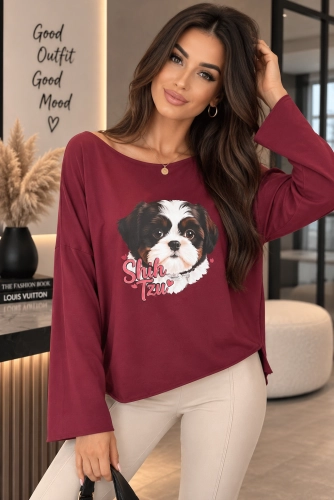 Bluzka bawełniana Agnes z długim rękawem Shih tzu Minouu bordowa