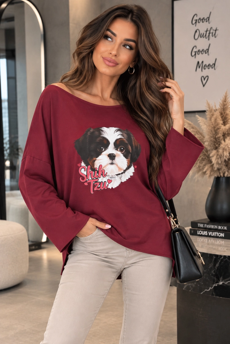 Bluzka bawełniana Agnes z długim rękawem Shih tzu Minouu bordowa