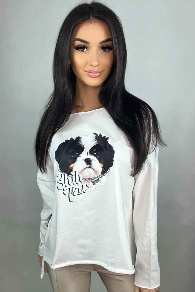 Bluzka bawełniana Agnes z długim rękawem Shih Tzu Minouu biała