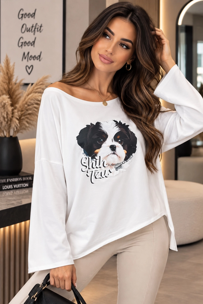 Bluzka bawełniana Agnes z długim rękawem  Shih Tzu Minouu biała 