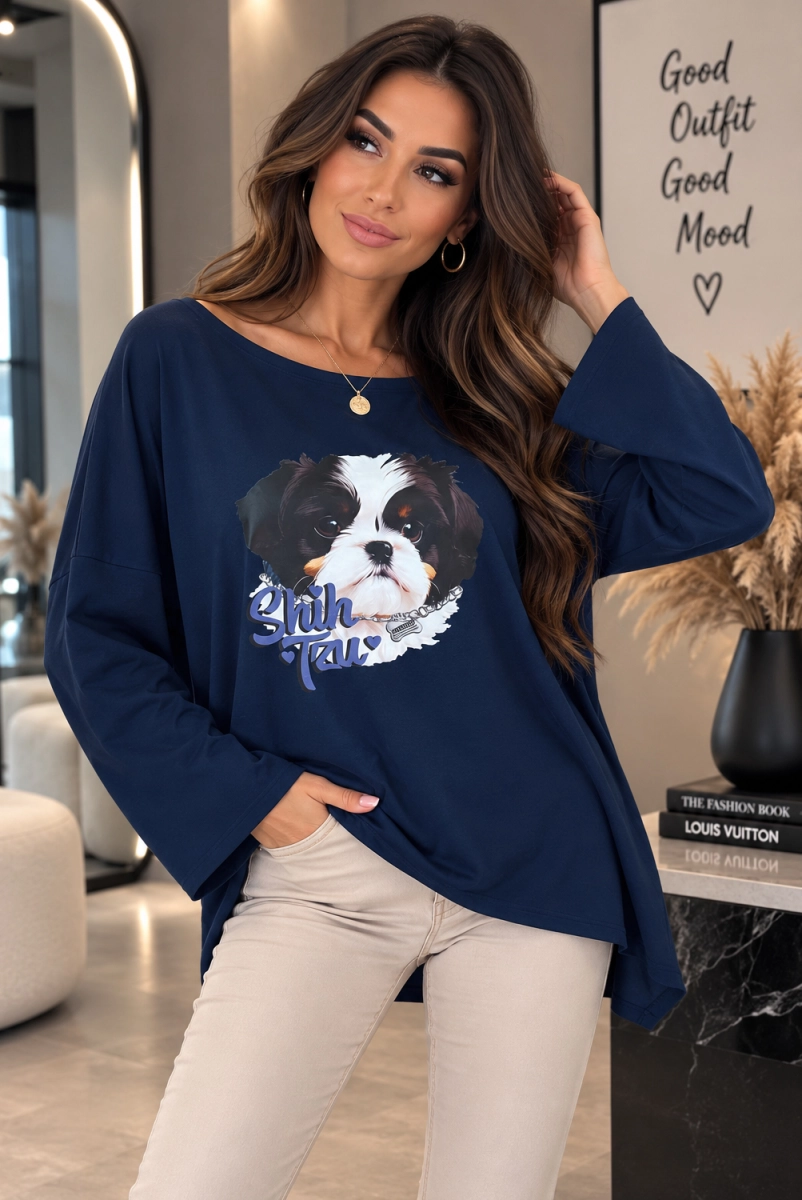 Bluzka bawełniana Agnes z długim rękawem Shih Tzu Minouu granatowa 
