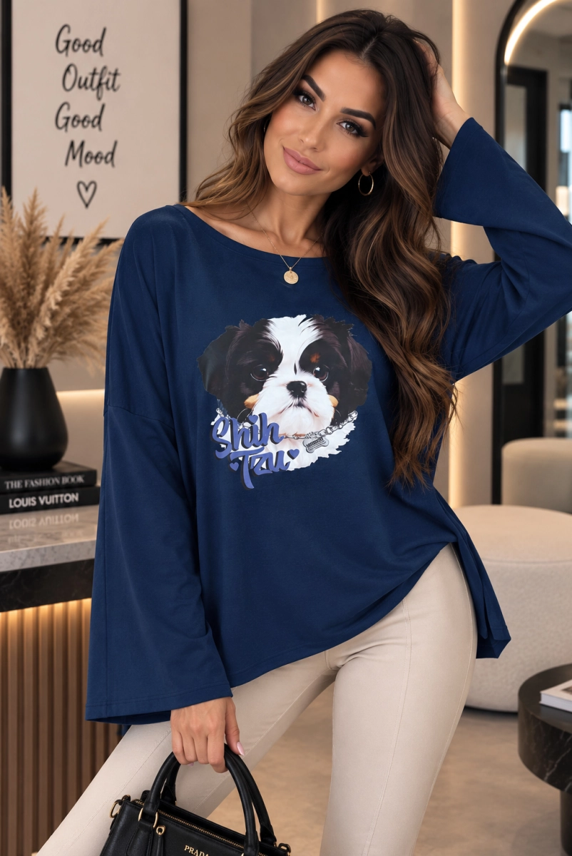 Bluzka bawełniana Agnes z długim rękawem Shih Tzu Minouu granatowa