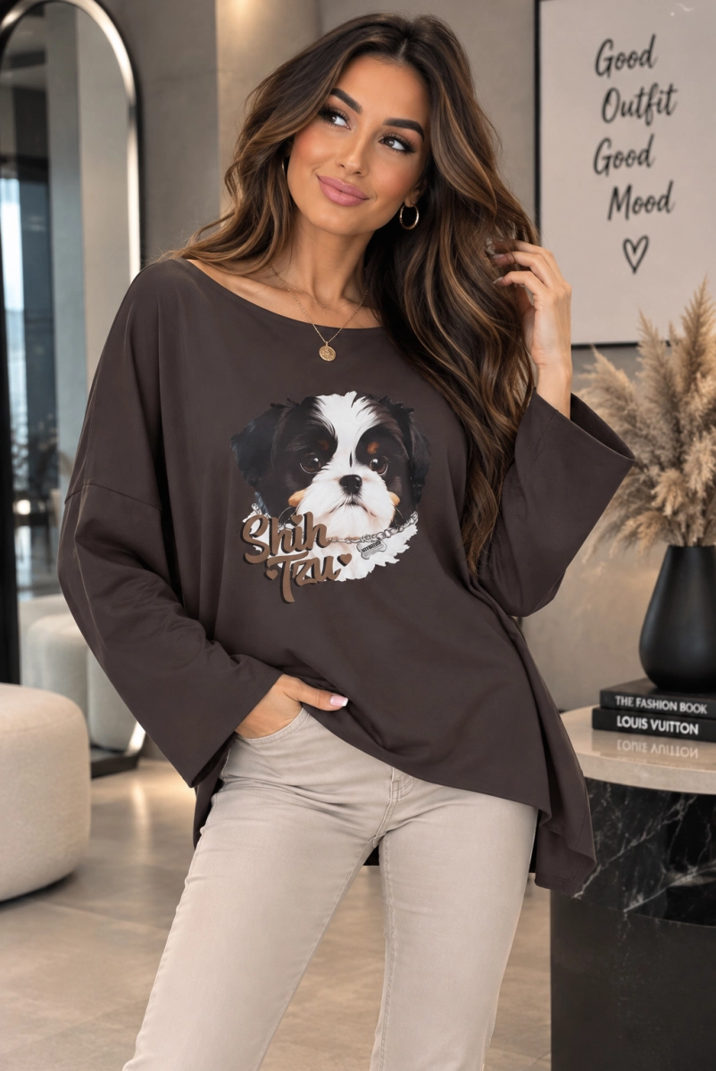 Bluzka bawełniana Agnes z długim rękawem Shih Tzu Minouu brązowa