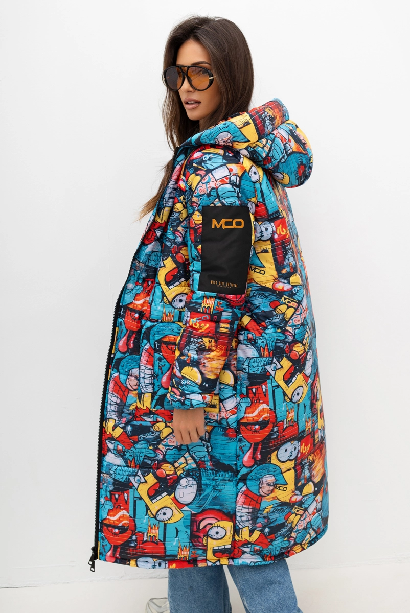 Ocieplany płaszcz wzór komiks Minion Mood Miss City Official niebiesko czarny