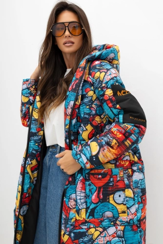 Ocieplany płaszcz wzór komiks Minion Mood Miss City Official niebiesko czarny