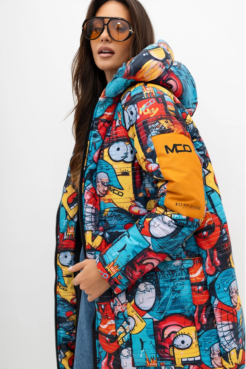 Ocieplany płaszcz wzór komiks Minion Mood Miss City Official niebieski