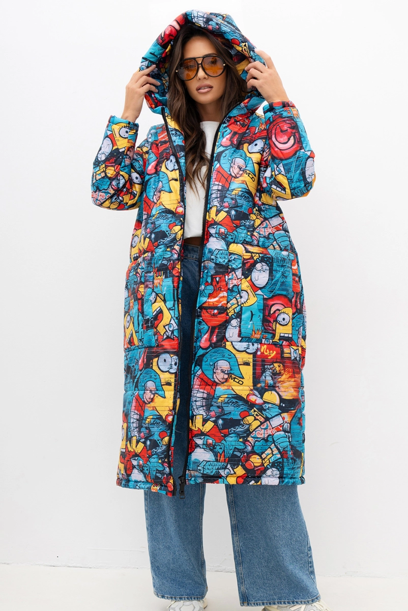 Ocieplany płaszcz wzór komiks Minion Mood Miss City Official niebieski