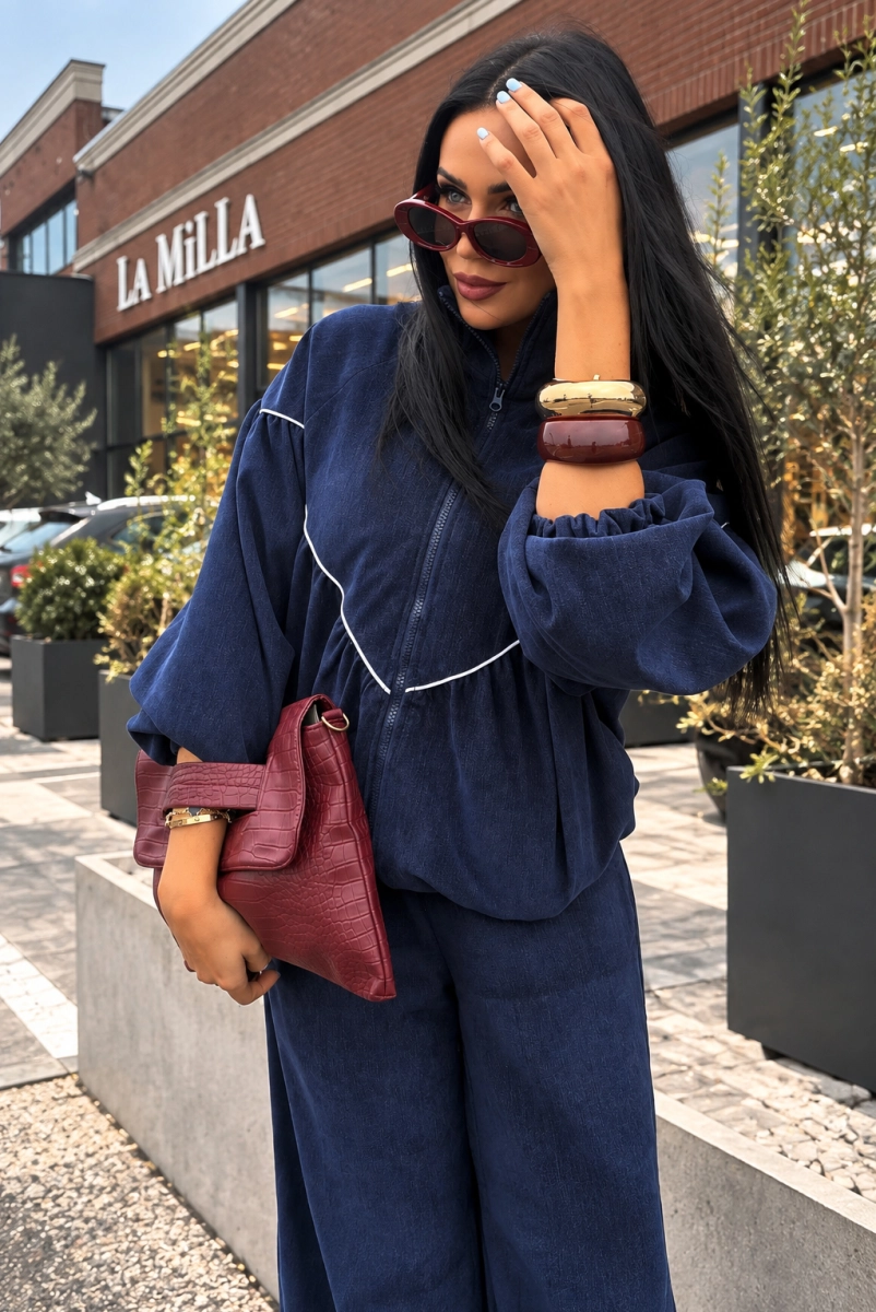 Komplet dres z milutkiej tkaniny bluza i spodnie La Milla granatowy
