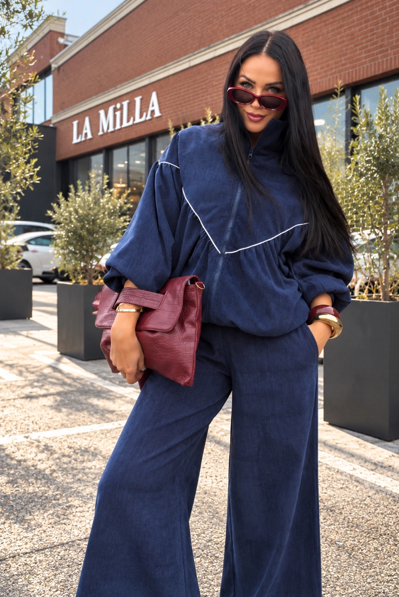 Komplet dres z milutkiej tkaniny bluza i spodnie La Milla granatowy