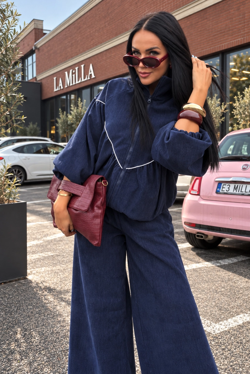 Komplet dres z milutkiej tkaniny bluza i spodnie La Milla granatowy