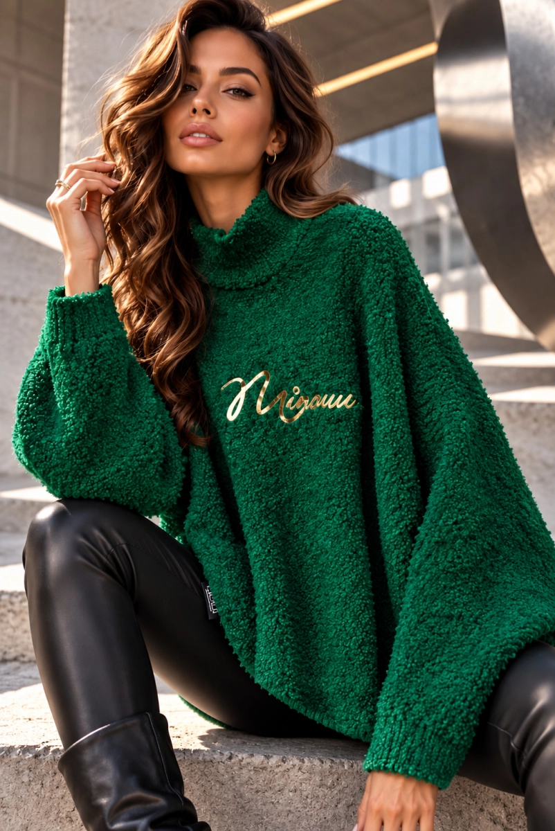 Luźny golf Boucle z firmowym napisem Minouu zielony 