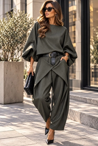 Komplet bluzka kimono i spodnie w paski khaki