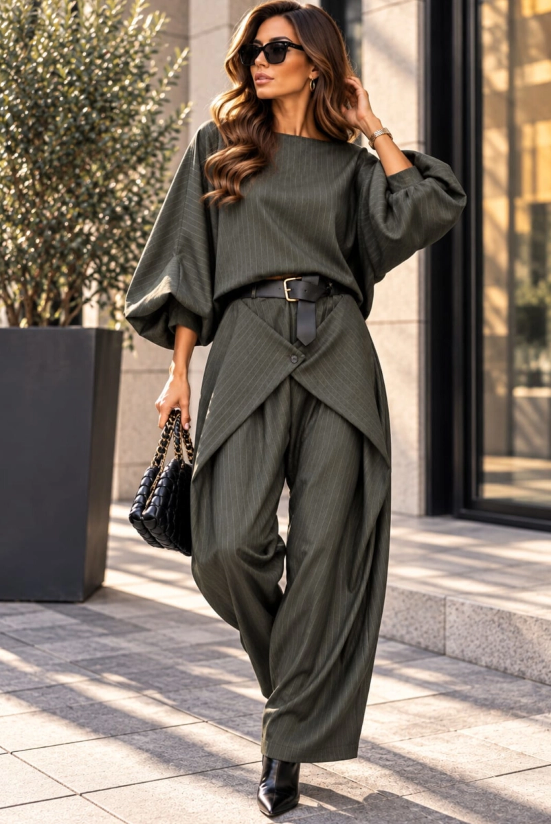 Komplet bluzka kimono i spodnie w paski khaki