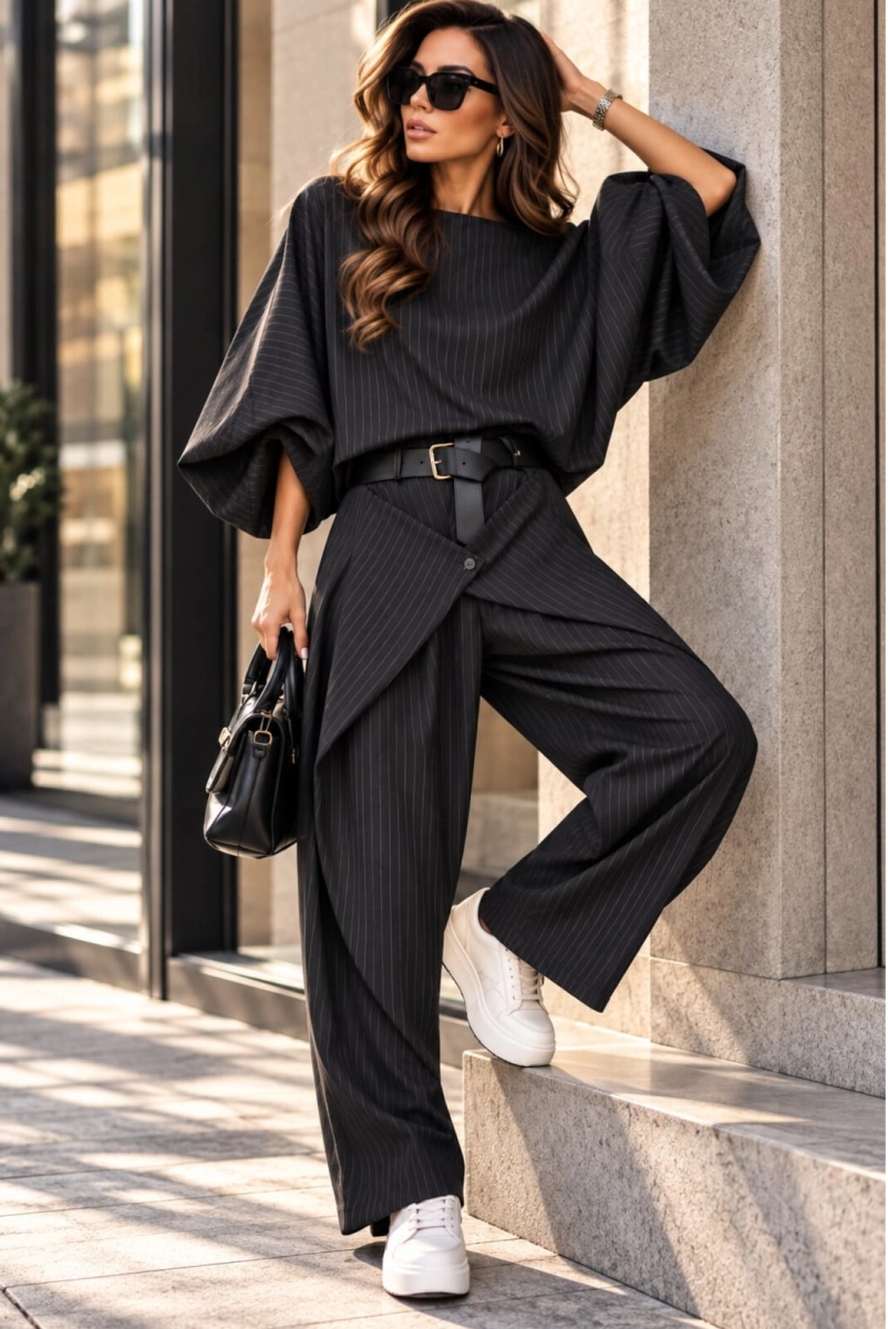 Komplet bluzka kimono i spodnie w paski czarny