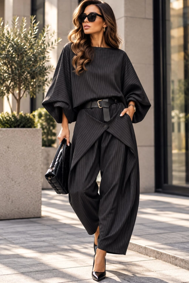 Komplet bluzka kimono i spodnie w paski czarny 