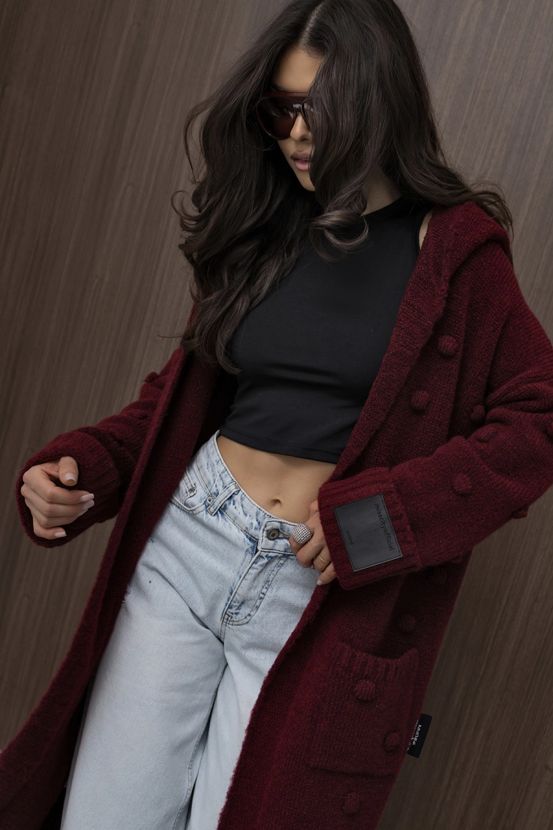 Długi sweter kardigan Pom Pom Miss City Official bordowy