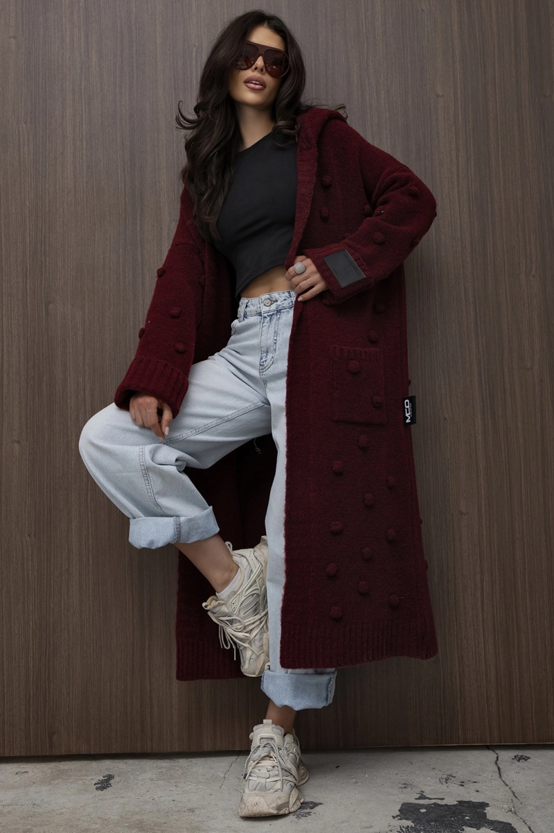 Długi sweter kardigan Pom Pom Miss City Official bordowy