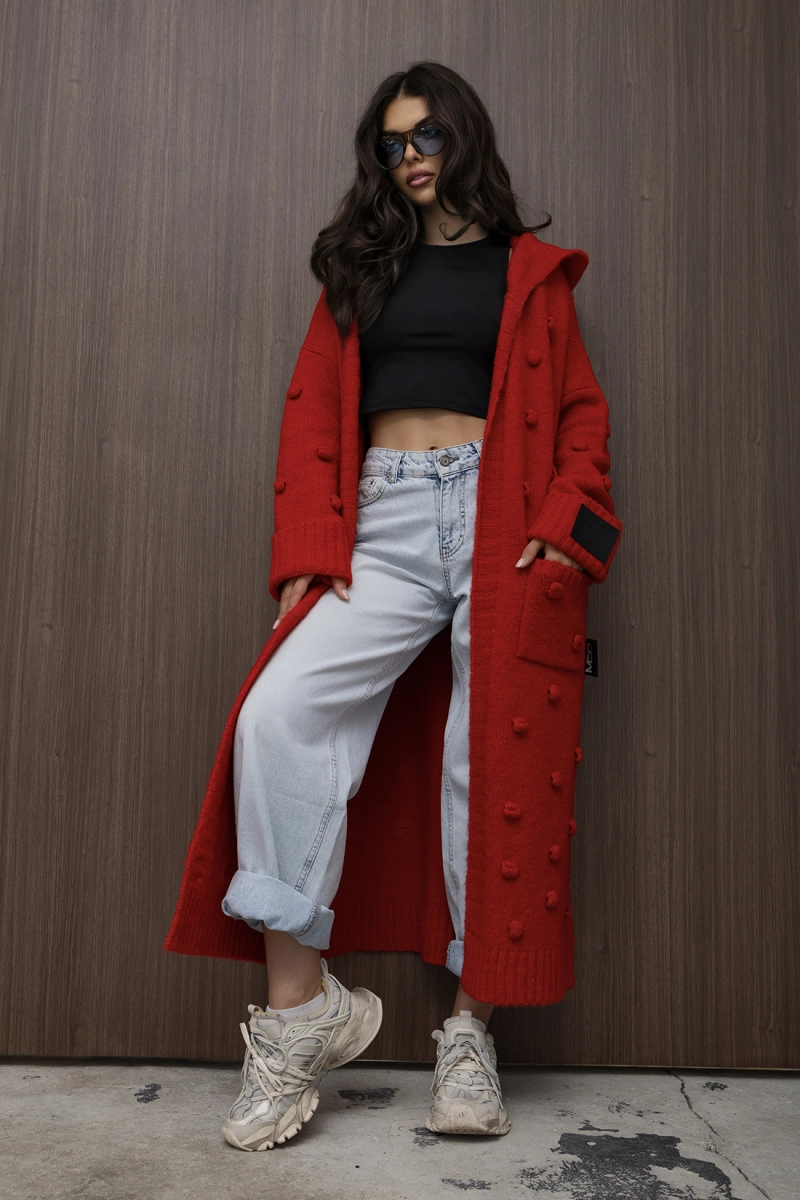 Długi sweter kardigan Pom Pom Miss City Official czerwony