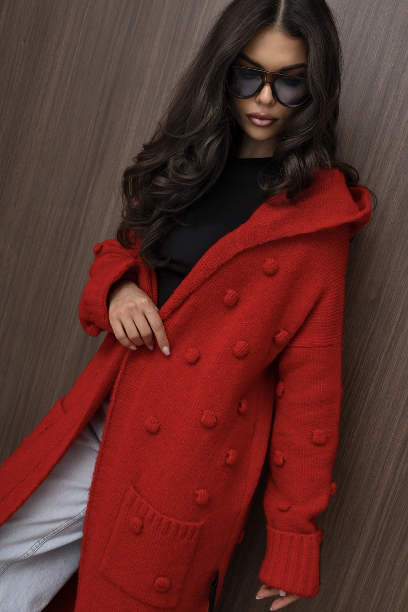 Długi sweter kardigan Pom Pom Miss City Official czerwony