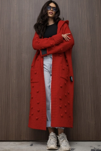 Długi sweter kardigan Pom Pom Miss City Official czerwony