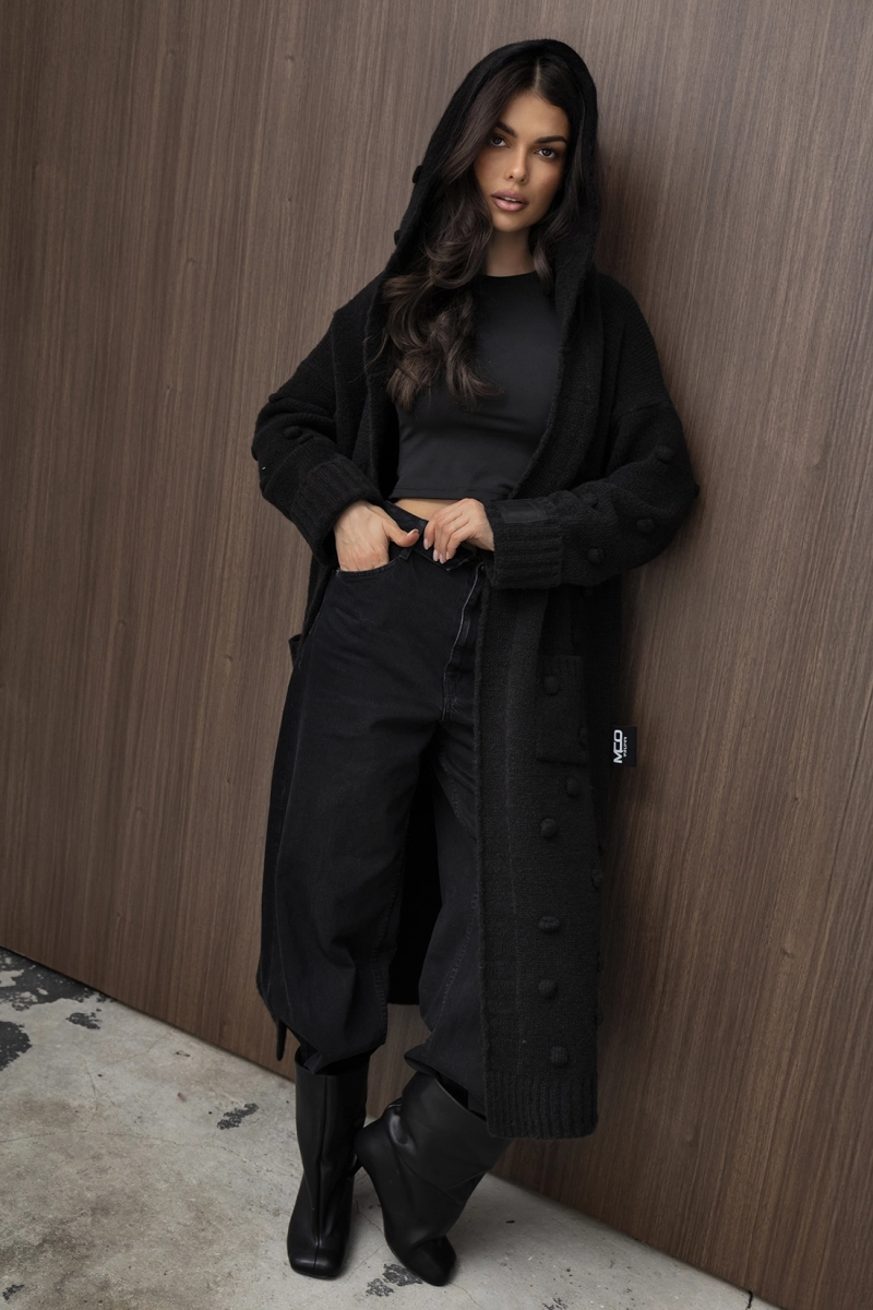 Długi sweter kardigan Pom Pom Miss City Official czarny