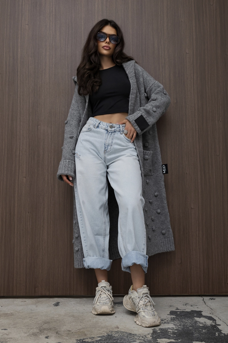 Długi sweter kardigan Pom Pom Miss City Official szary