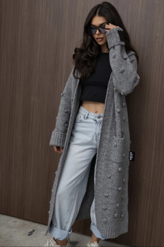 Długi sweter kardigan Pom Pom Miss City Official szary