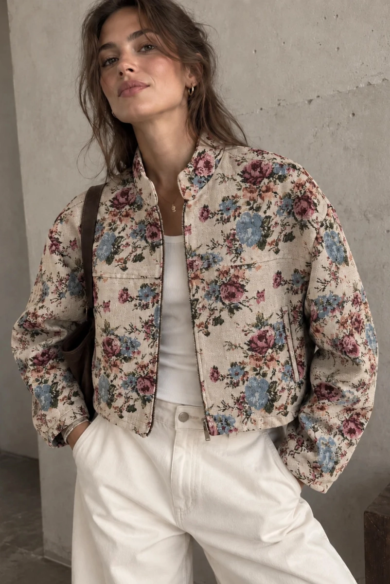 Kurtka Bloom w kwiaty Simplicity beż błękit róż