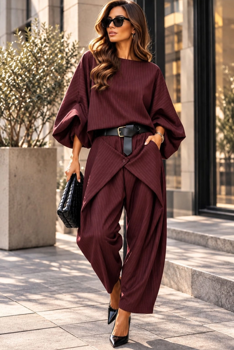 Komplet bluzka kimono i spodnie w paski bordowy 